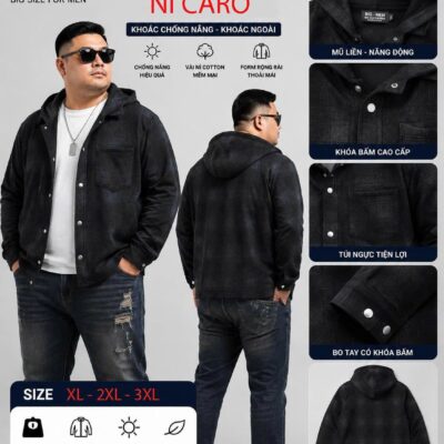 BIG MEN- Áo khoác có nón vải nỉ caro bố phối nút bấm màu xám đen thời trang bigsize nam 100- 140kg