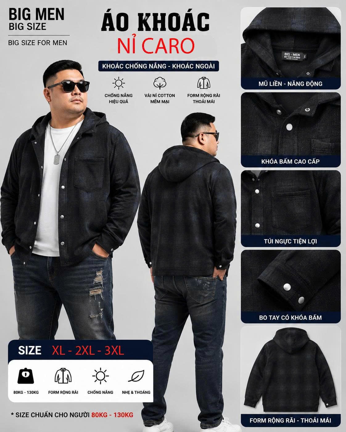 BIG MEN- Áo khoác có nón vải nỉ caro bố phối nút bấm màu xám đen thời trang bigsize nam 100- 140kg