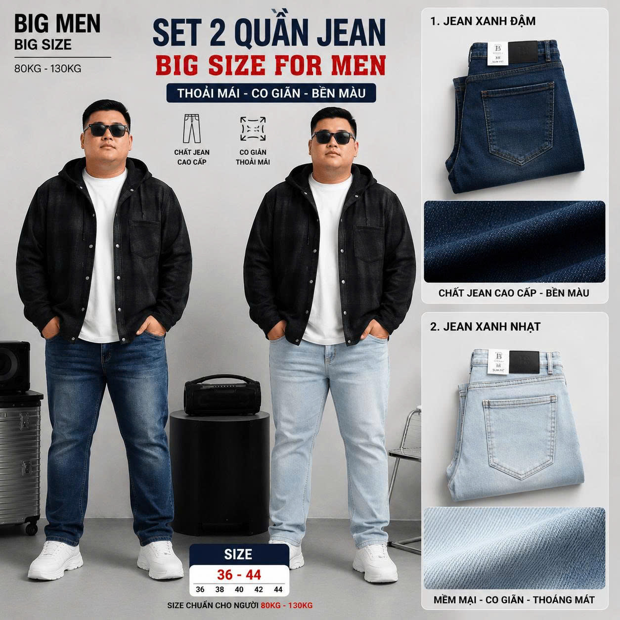 BIG MEN- Quần jean dài ống suông co giãn tông xanh xịn xò thời trang bigsize nam 80- 130kg_ xanh đá+ xanh nhạt