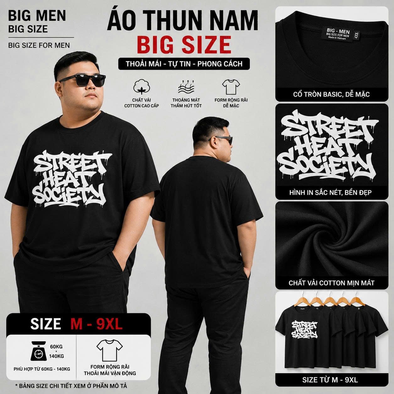 BIG MEN- Áo thun cotton in họa tiết chữ STREET thời trang bigsize nam 85- 145kg