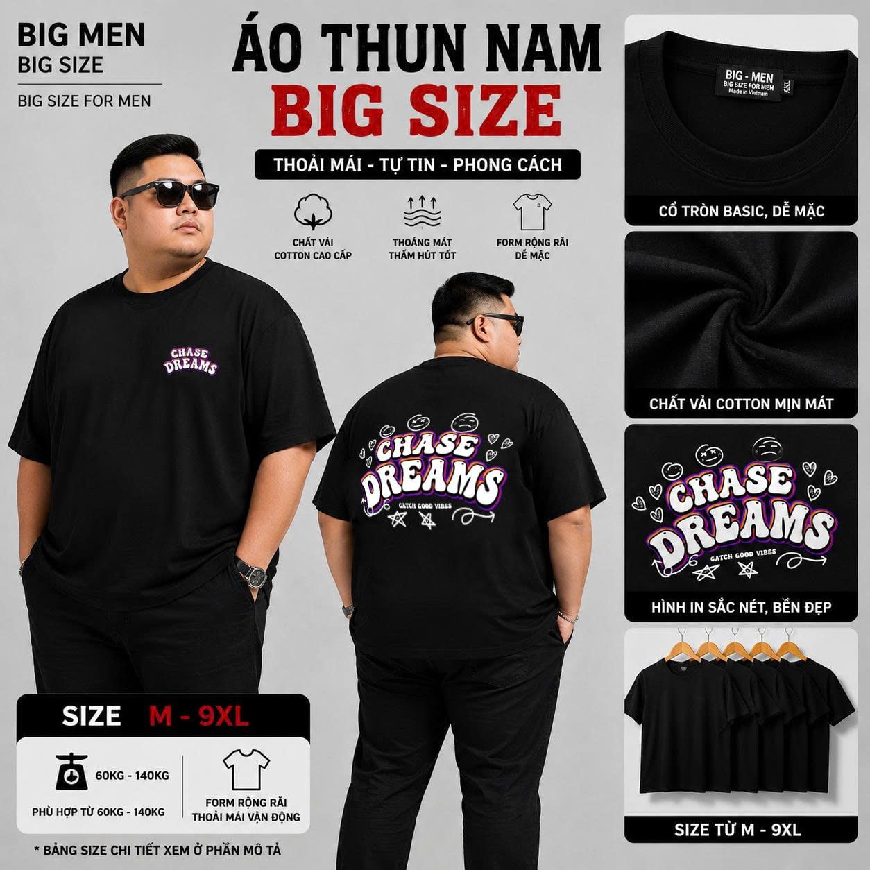 BIG MEN- Áo thun cotton in họa tiết chữ 2 mặt CHASE DREAMS năng động bigsize nam 85- 145kg