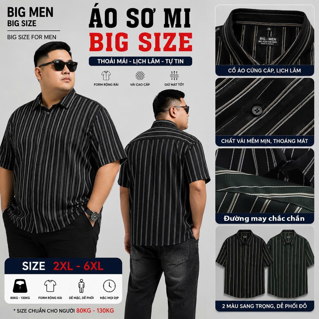 BIG MEN- Áo sơ mi tay ngắn vải polyester sọc tre phối sọc dọc thời trang bigsize nam 75-125 kg