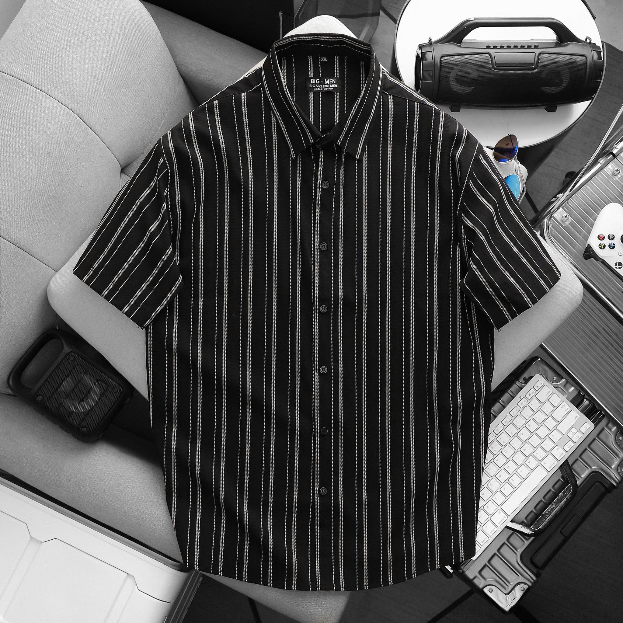 BIG MEN- Áo sơ mi tay ngắn vải polyester sọc tre phối sọc dọc thời trang bigsize nam 75-125 kg - Ảnh 2