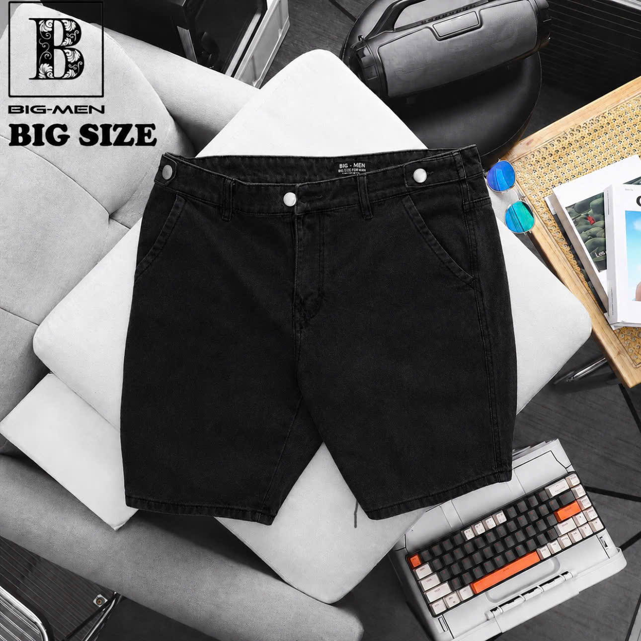 BIG MEN- Quần short jean màu đen phối nút cá tính thời trang bigsize nam 80- 130kg_ Mã 110