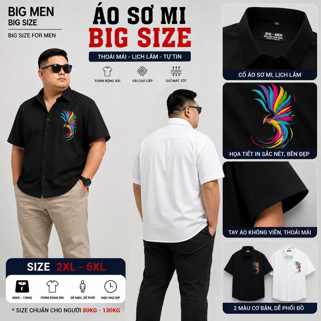 BIG MEN- Áo sơ mi tay ngắn chất kate lụa in chim ngũ sắc thời trang bigsize nam 70- 140kg