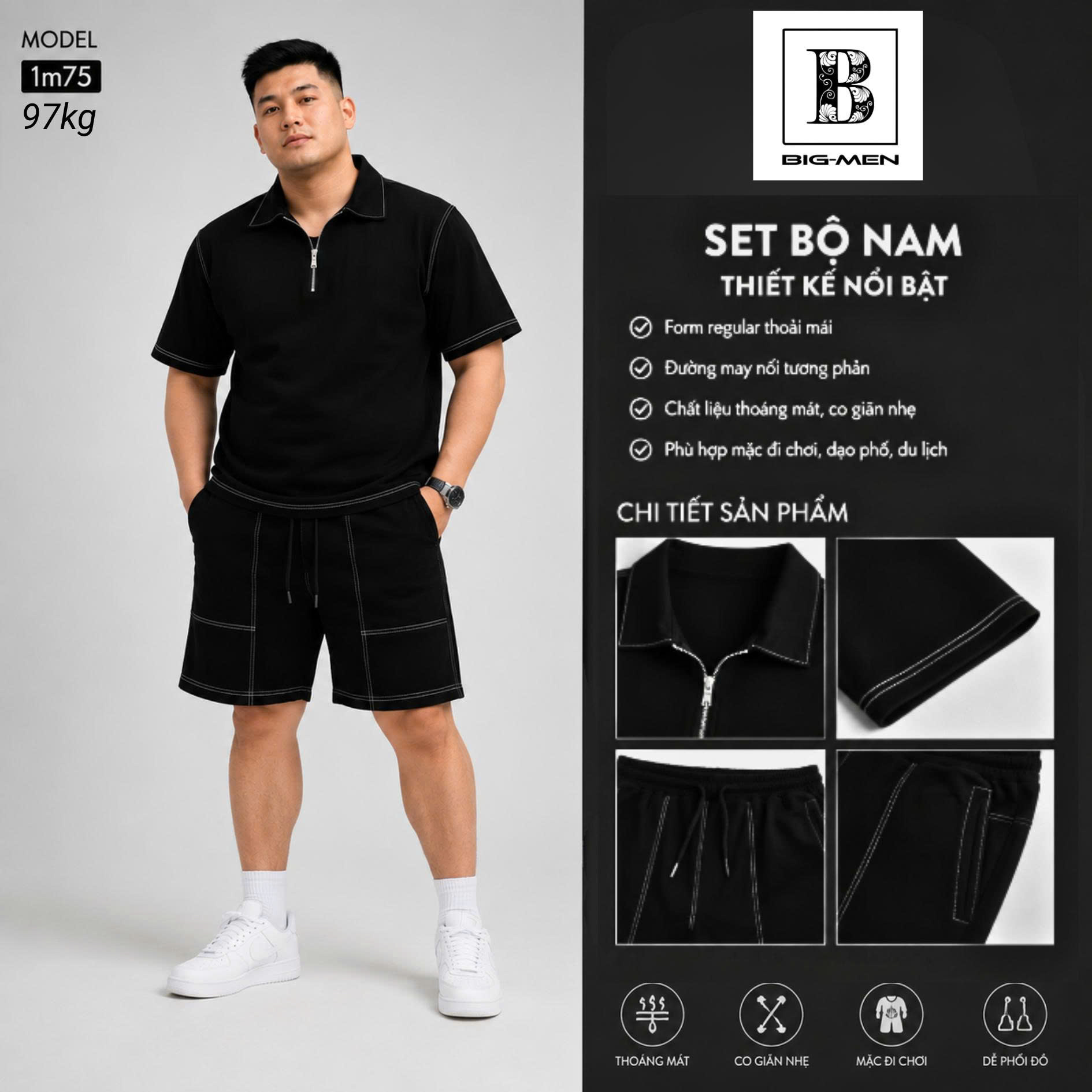 Big Men- Set bộ polo màu đen phối viền chỉ trắng thời trang bigsize nam 80- 130kg - Ảnh 2