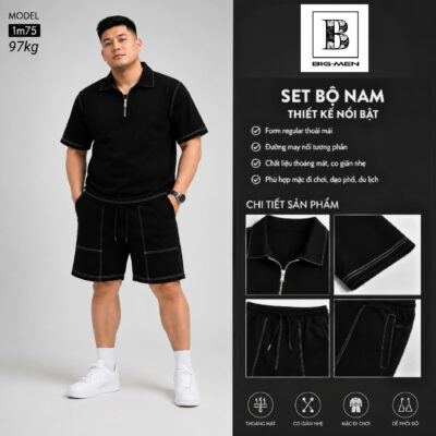 Big Men- Set bộ polo màu đen phối viền chỉ trắng thời trang bigsize nam 80- 130kg