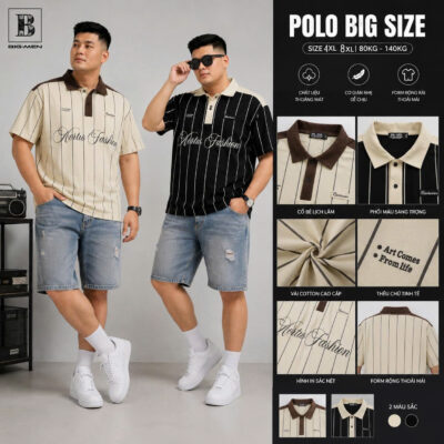 BIG MEN- Áo thun polo vải cotton sọc dọc phối chữ Aertu Fashion bigsize nam 85- 135kg