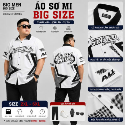 BIG MEN- Áo sơ mi tay ngắn bigsize nam phối họa tiết NGÔI SAO thời trang cá tính 90- 135kg