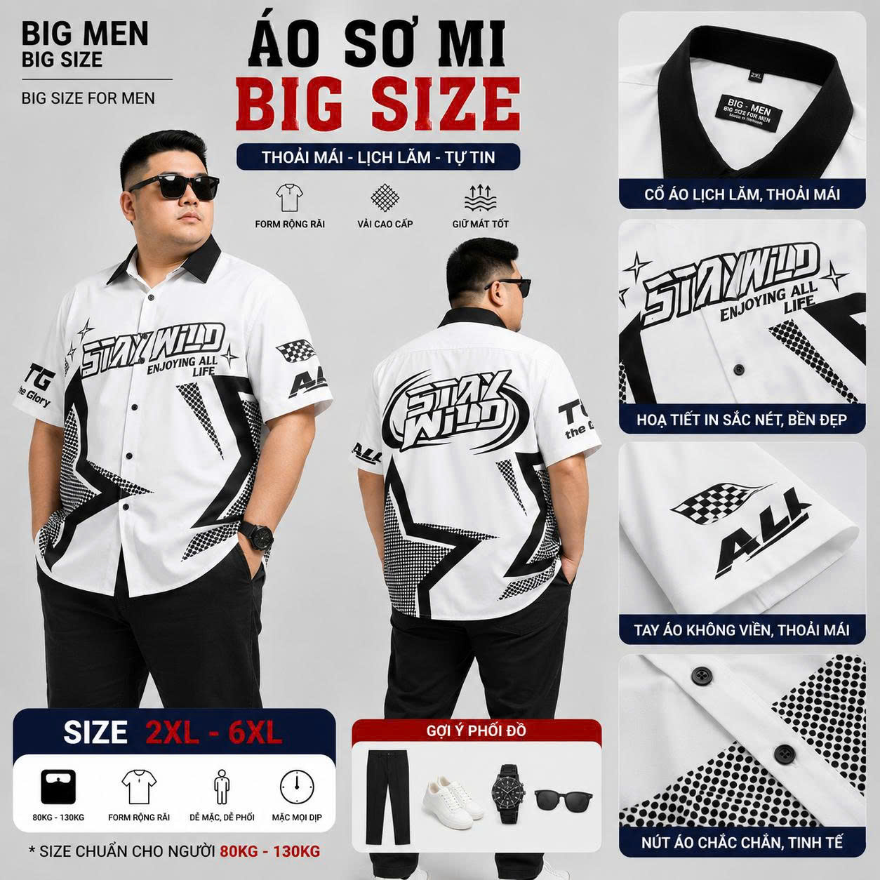 BIG MEN- Áo sơ mi tay ngắn bigsize nam phối họa tiết NGÔI SAO thời trang cá tính 90- 135kg
