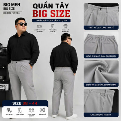 BIG MEN- Quần tây bigsize nam form baggy lưng thun màu xám nhạt thời trang 80- 125kg